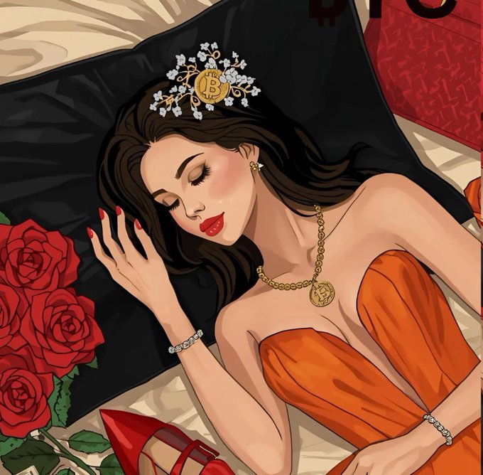 An illustrated woman with dark hair sleeps peacefully on a black pillow, wearing an orange dress, gold jewelry with a Bitcoin pendant, and a Bitcoin-themed tiara, with red roses nearby.