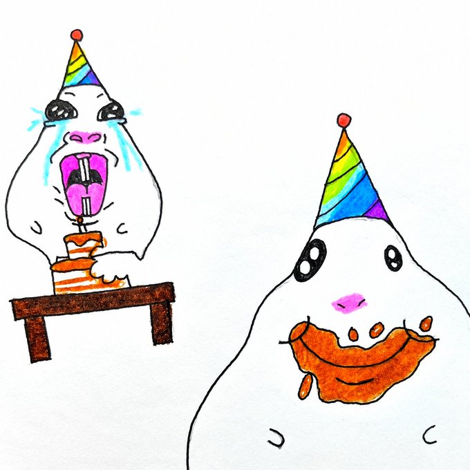 A hand-drawn illustration of two ghost-like characters wearing party hats, one crying dramatically over a cake and another eating a messy food item.