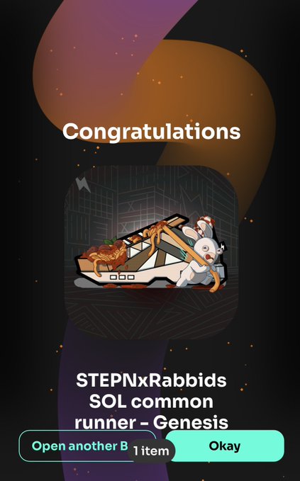 A mobile game achievement screen displaying 'Congratulations' for 'STEPNxRabbbids SOL common runner - Genesis' with an icon of Rabbids and a goat pulling a chariot of food.