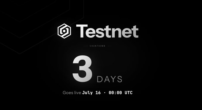 A countdown graphic displays 'Testnet' with '3 DAYS' remaining, noting it 'Goes live July 16 - 00:00 UTC'.