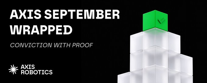 A black promotional banner reads 'AXIS SEPTEMBER WRAPPED' and 'CONVICTION WITH PROOF', featuring the 'AXIS ROBOTICS' logo next to a stack of cubes topped with a green checkmark.