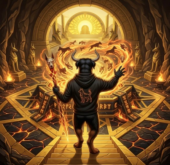 An illustration of a horned figure in a black hoodie standing before a glowing portal, summoning a fiery ring of wolves, with hieroglyphics and an Anubis statue in an ancient temple setting.