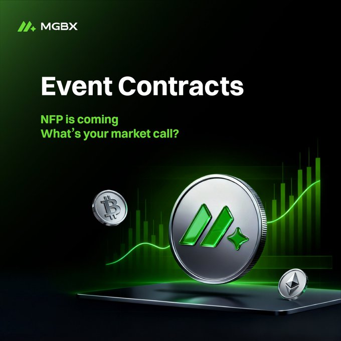 MGBX cryptocurrency exchange advertisement for 'Event Contracts' featuring Bitcoin and Ethereum coins with the text 'NFP is coming. What's your market call?'