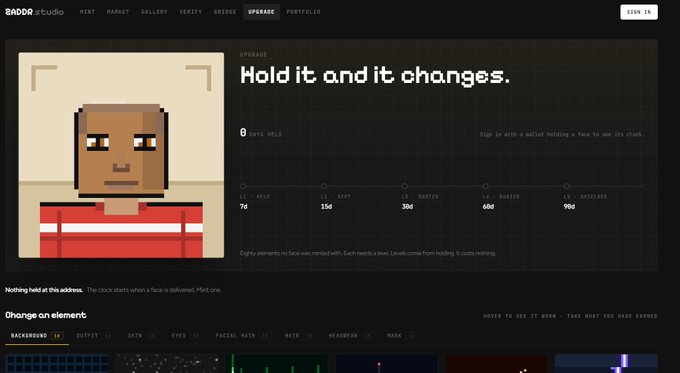 A screenshot of the 'BADOR studio' website showing an NFT character with the text 'Hold it and it changes.' and pricing tiers ranging from 7d to 90d.