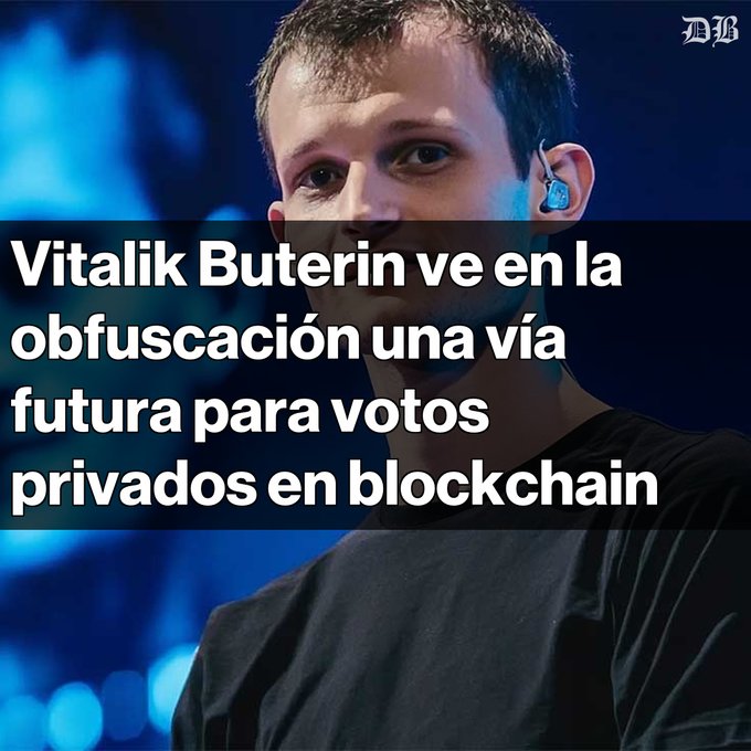 A news headline image featuring Vitalik Buterin with Spanish text reading 'Vitalik Buterin ve en la obfuscación una vía futura para votos privados en blockchain' (Vitalik Buterin sees obfuscation as a future path for private blockchain voting), branded with the 'MB' logo.
