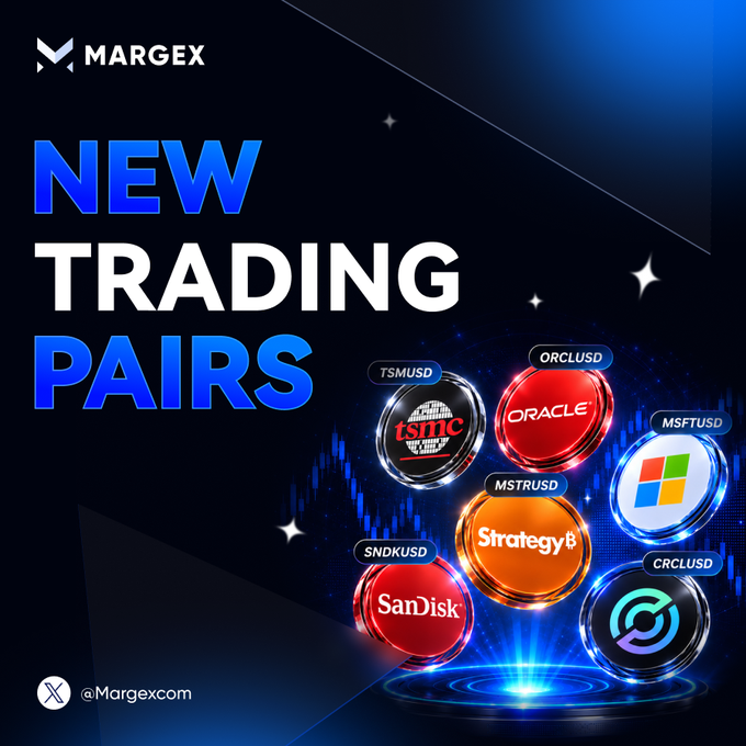 A promotional graphic for Margex titled "New Trading Pairs" showing logos for TSMC, Oracle, Microsoft, Strategy, SanDisk, and Circle on a blue background.