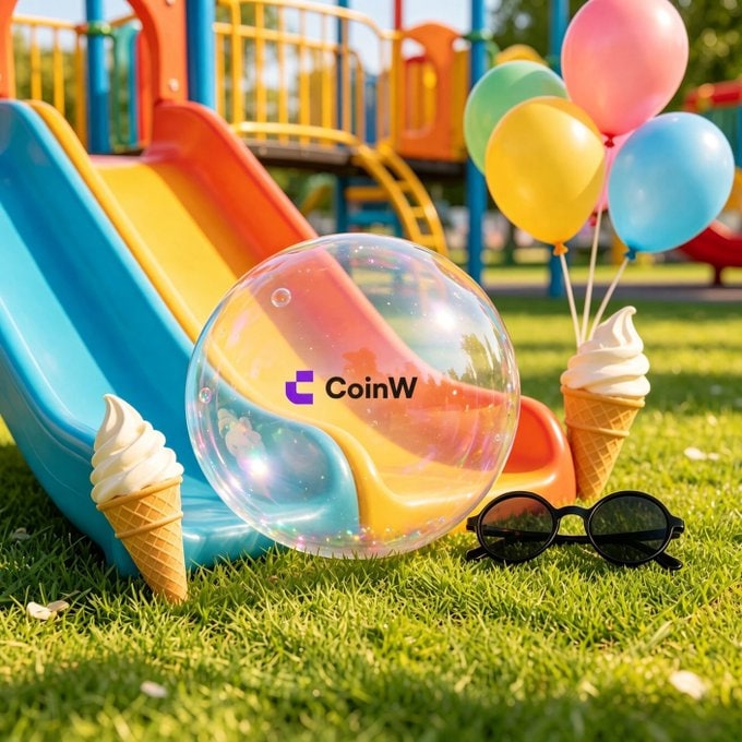 A colorful 3D-rendered playground scene with a slide, balloons, ice cream cones, and sunglasses on grass, featuring the 'CoinW' logo on a bubble.