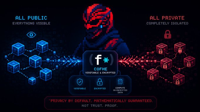 The image is a promotional graphic for Fhenix's "CoFHE" (Verifiable & Encrypted), featuring a hooded, glitch-style figure flanked by contrasting blue "All Public" cubes (everything visible) and red "All Private" cubes (completely isolated), with the tagline "Privacy by default. Mathematically guaranteed. Not trust. Proof." It visually represents Fhenix's solution to blockchain's privacy-transparency paradox by showcasing CoFHE's ability to simultaneously verify and encrypt transactions—bridging the two extremes depicted on either side of the figure.
