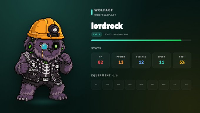 The image features a cartoon character, LordRock, wearing a yellow hard hat and holding a hammer. He appears to be standing against a green background with a white border. The text "Wolfage" and "Lordship" are displayed on the screen, along with the name of the character being LordRock. A list of statistics is also visible in the image, including details about the character's power level, health points, and attack damage.
