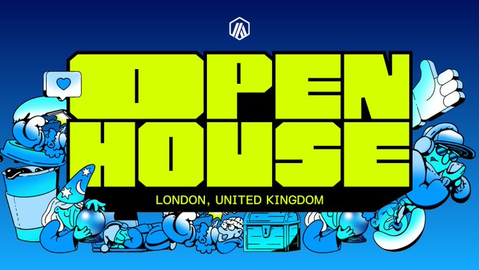A blue banner with white text announces "OPEN HOUSE" and "LONDON, UNITED KINGDOM", accompanied by a cartoon illustration of a person holding a cupcake.