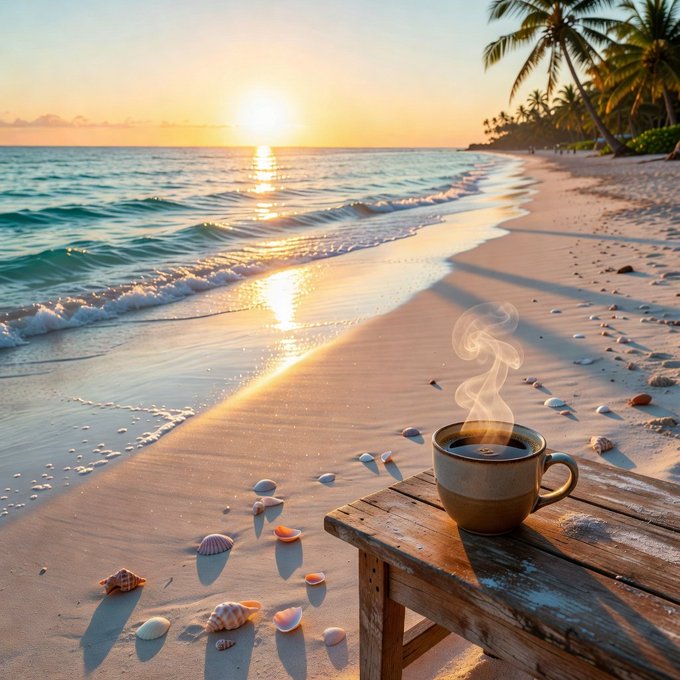 A steaming cup of coffee sits on a weathered wooden table beside a tropical beach at sunset, with scattered seashells and gentle waves. The image evokes a sense of calm, daily ritual, and consistency—mirroring the post's message about stacking River Points daily, much like a steady morning routine.
