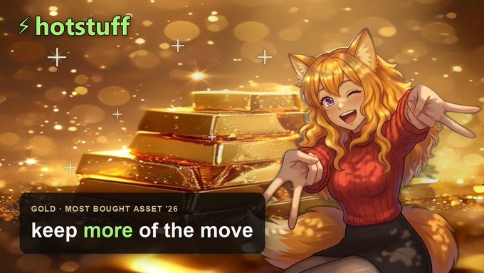 A "hotstuff" branded promotional graphic features an anime-style cat-eared blonde character winking and pointing at a glowing stack of gold bars against a sparkly golden background, with text reading "GOLD · MOST BOUGHT ASSET '26" and "keep more of the move," visually reinforcing the post's message about gold being the top-bought asset and highlighting the low 2.5 bps trading cost advantage offered by the platform.