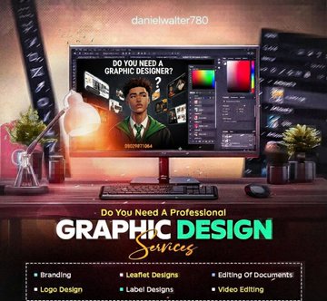 An advertisement graphic for graphic design services by danielwalter780, featuring a computer monitor displaying a designer's face and a list of services like Branding, Logo design, and Video Editing.