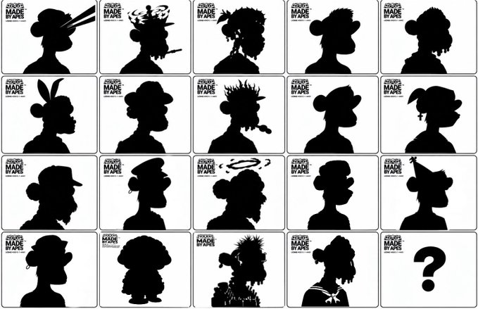 Grid of black silhouette portraits labeled 'NFTs MADE BY ARSL', with the final slot marked by a question mark.