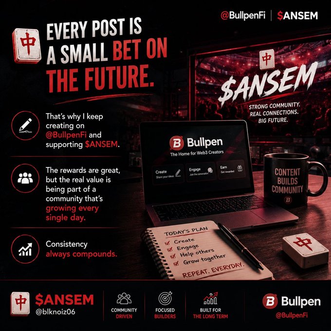 Promotional graphic with the text 'EVERY POST IS A SMALL BET ON THE FUTURE,' featuring a laptop displaying the Bullpen website, a 'CONTENT BUILDS COMMUNITY' mug, and '$ANSEM' branding.