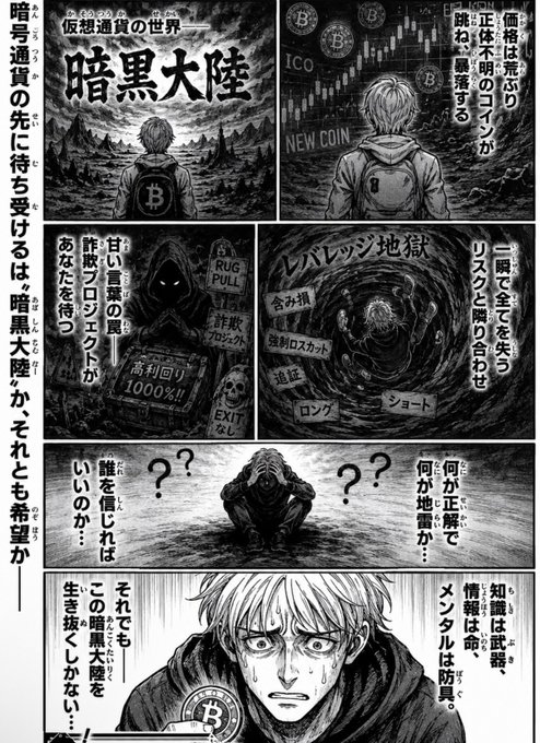 A black and white manga page depicting a man discovering a dark virtual world of cryptocurrency, with panels showing text like '暗黒大陸' (Dark Continent), 'ICO', 'NEW COIN', 'Bitcoin', 'ハズレッジ地獄' (Hell of Leverage), and warnings about rug pulls and 1000% returns.