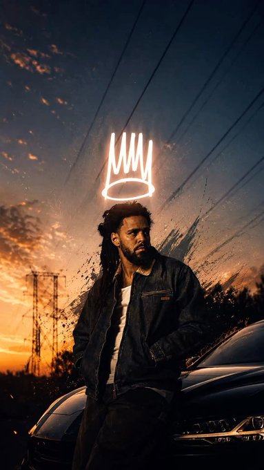 A man with dreadlocks stands in front of a car at sunset beneath a glowing neon crown light, with power lines silhouetted against an orange sky.