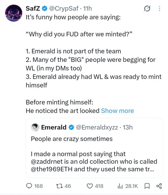 A Twitter/X post by SafZ (@CrypSaf) addressing accusations of FUD after a mint, quoting a tweet from Emerald (@Emeraldxyzz) discussing a collection called @the1969ETH and similarities to @zaddrnet.
