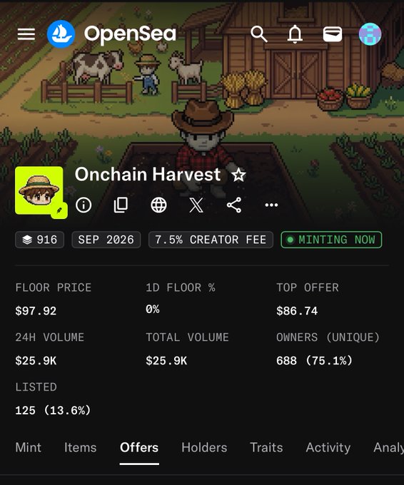 An OpenSea NFT collection page displays 'Onchain Harvest' with a 7.5% creator fee, a floor price of $97.92, 24H volume of $25.9K, 688 unique owners, and 125 listed (13.6%).