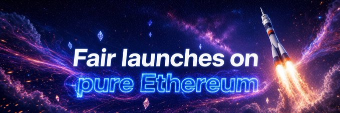 A space-themed banner featuring a rocket launching through a colorful nebula with the text 'Fair launches on pure Ethereum'.