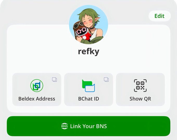 A user profile for 'refky' displaying an anime-style avatar holding a red toy, with options for Beldex Address, BChat ID, Show QR, and a 'Link Your BNS' button.