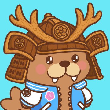 A digital illustration of a cute cartoon beaver or otter character wearing traditional Japanese samurai armor, complete with a horned helmet, set against a solid teal background.