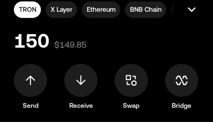 A cryptocurrency wallet interface showing a balance of 150 ($149.85) with options to select networks like TRON, X Layer, Ethereum, and BNB Chain, along with buttons for Send, Receive, Swap, and Bridge.