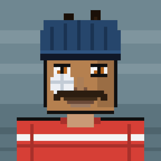 A pixel-art portrait of a blocky character with brown skin, a prominent mustache, a bandage over one eye, and a blue hard hat, set against a horizontally banded blue background. The "Zombie" worker aesthetic complements the post's reference to ZADDR #1945, personifying the digital collectible as a rugged, blue-collar zombie character.
