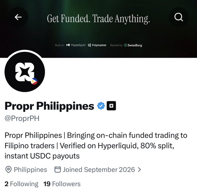A social media profile for 'Propr Philippines' (@ProprPH) advertising on-chain funded trading with 80% split and USDC payouts.