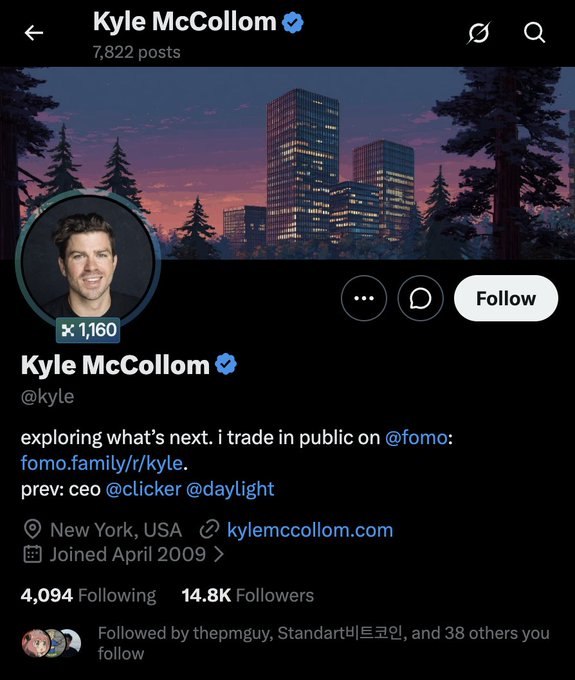 A Twitter/X profile page for Kyle McCollom (@kyle) showing 7,822 posts, 14.8K followers, with bio "exploring what's next. i trade in public on @fomo: fomo.family/r/kyle. prev: ceo @clicker @daylight" based in New York, USA, joined April 2009.
