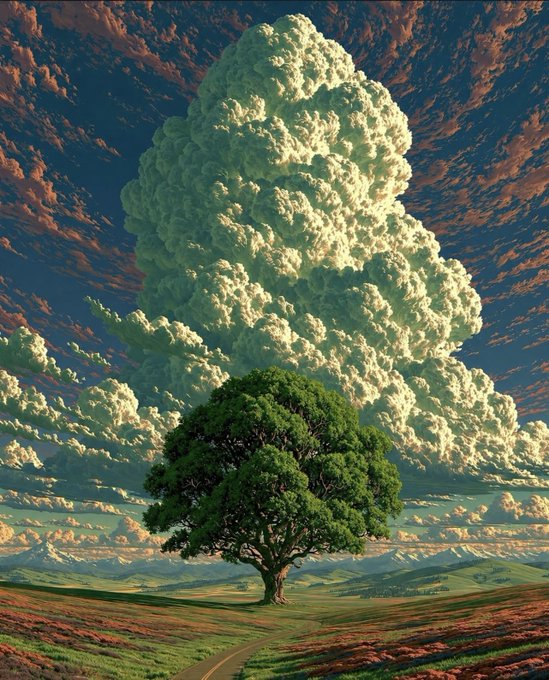 A massive, towering cumulus cloud dominates a blue sky with scattered orange-tinted clouds, rising behind a single green tree in a vast, rolling field.