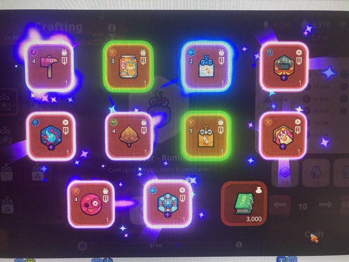 A photo of a computer monitor displaying a colorful NFT or rune crafting game interface with ten glowing inventory slots containing various tools, charms, books, and a green book icon priced at 3,000.