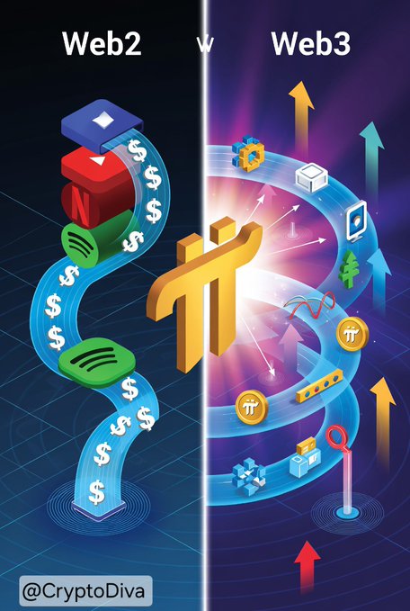 A comparison graphic split between 'Web2' and 'Web3' featuring the Pi Network logo, showing a flow of money on the left and upward growth arrows with digital assets on the right, watermarked '@CryptoDiva'.