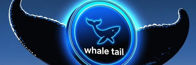 A glowing blue banner image featuring a stylized whale tail silhouette curving around a circular emblem, with a small whale icon and the text "whale tail" displayed prominently—serving as the newly added banner for the Solana token $TAIL on Moby.