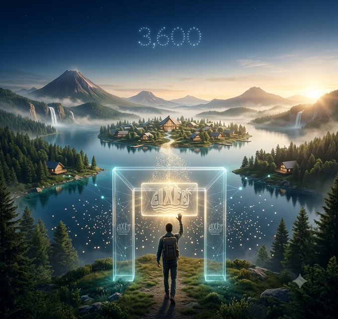 A fantasy landscape illustration showing a person with a backpack reaching toward a glowing holographic projection of an 'AXIS' product box, with the number '3600' in the sky above a serene lake and village.