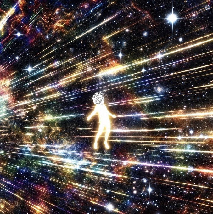 A glowing yellow figure floats through a vibrant cosmic scene streaked with rainbow-colored light trails against a star-filled nebula background. The image complements the "I am ready for $RAGEGUY" post by depicting an illuminated, almost transcendent version of the classic rage face character drifting through a surreal, otherworldly space.