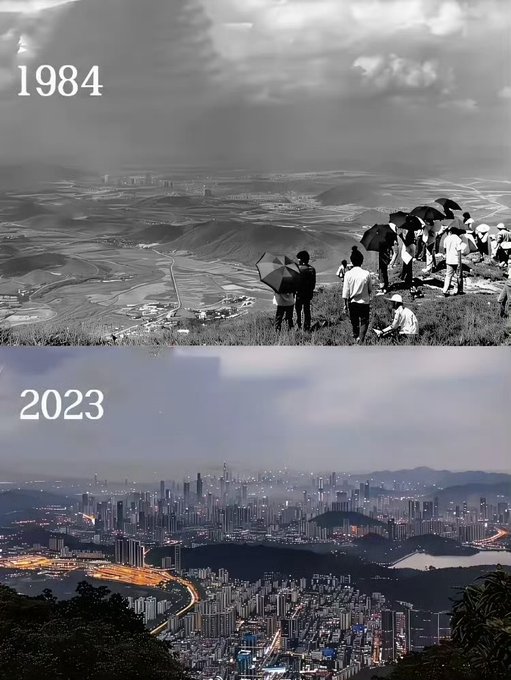 A before-and-after comparison showing the transformation of a landscape: the top black-and-white photo labeled "1984" shows people with umbrellas looking over rural hills, while the bottom color photo labeled "2023" shows the same view now dominated by a sprawling modern city skyline.