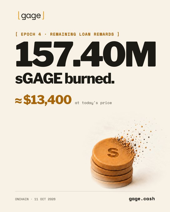 A graphic from gage.cash dated 11 OCT 2026 announcing "157.40M sGAGE burned" worth approximately $13,400, accompanied by an image of stacked tokens disintegrating.