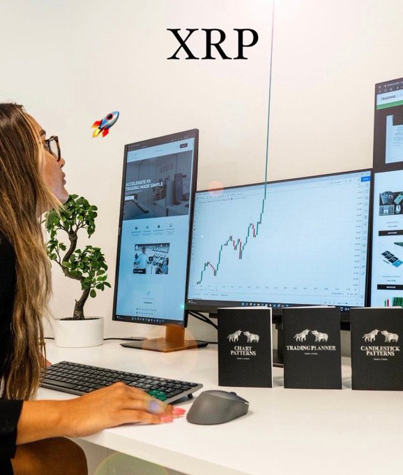 A woman analyzes an XRP stock chart on multiple monitors at her desk, with the text "XRP" displayed at the top of the image and three trading books titled "CHART PATTERNS," "TRADING PLANNER," and "CANDLESTICK PATTERNS" placed in the foreground.