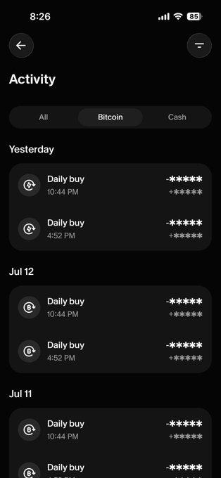 A mobile app screenshot showing an "Activity" page with multiple "Daily buy" transactions under a "Bitcoin" filter, with amounts redacted as asterisks, dated "Yesterday," "Jul 12," and "Jul 11." This aligns with the post's reference to "supercharged sats stacked," visually representing consistent daily Bitcoin purchases.