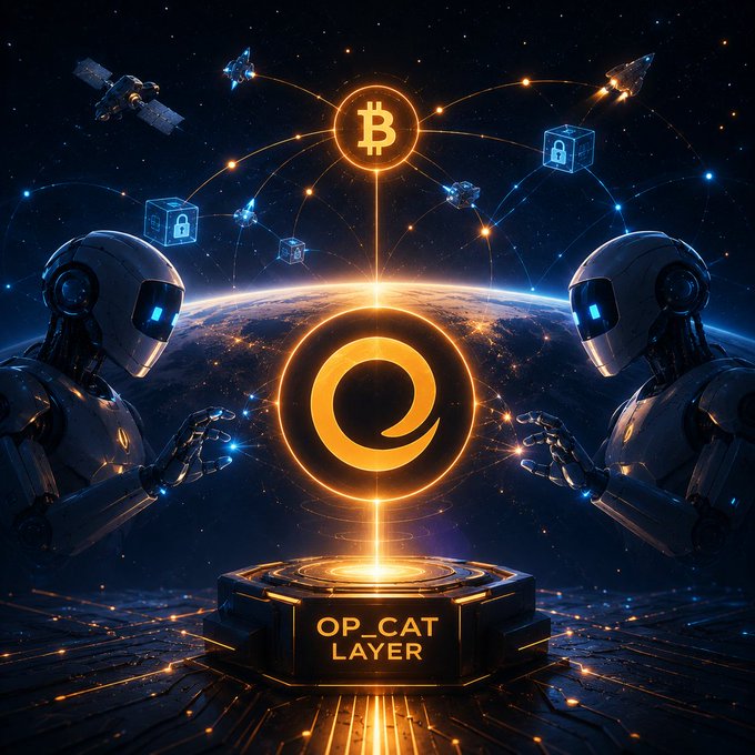 A futuristic sci-fi illustration depicting two robots and a Bitcoin symbol above a glowing 'OP_CAT LAYER' platform, with satellites and lock icons orbiting Earth in space.