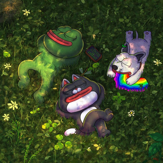 Three cartoon cats lounging in a grassy field accompany a heartfelt message about a memecoin creator helping save the original creator's dog's life, suggesting the art depicts the beloved pets featured in the story.