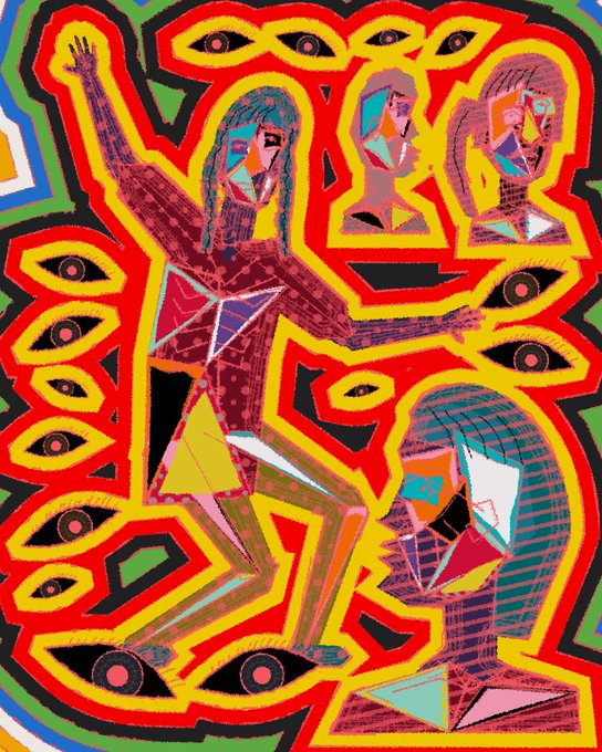 A vibrant, abstract painting features fragmented human figures with raised arms and floating disembodied heads, surrounded by many watchful eyes against a bold red and yellow background. The image reflects the post's theme of "the real human conditional" by visually exploring fragmented identity, surveillance, and the multiplicity of human consciousness through its distorted faces and omnipresent gazes.