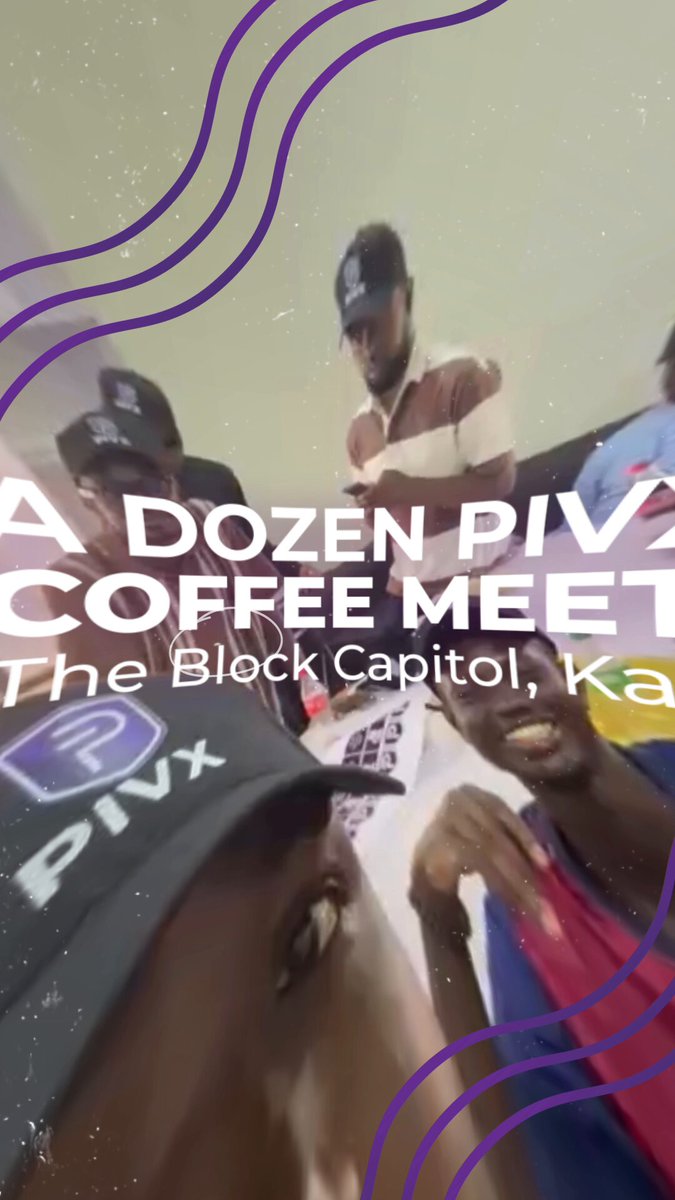The image shows a group of people gathered together for a coffee meetup at The Block Capitol, located in Kanuda, Africa. They are posing for a photo with their cell phones held up, capturing the moment. The caption below the image reads "A Dozen PIVX advocate @Shamex_Ent hosted a successful #PIVX coffee meetup in Kanuda, Africa. The people that attended had meaningful conversations about privacy and crypto".