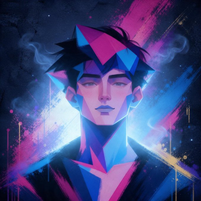 A stylized digital illustration of an anime-style young man with dark hair, rendered in geometric polygonal shapes against a vibrant purple and blue background with paint splash effects.