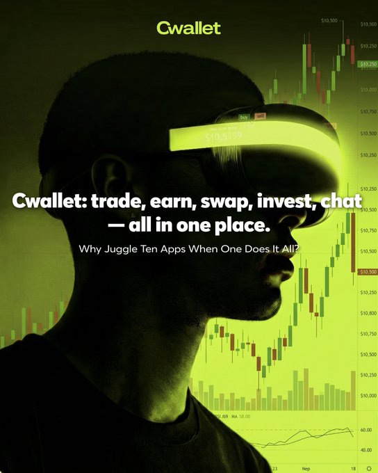 A promotional graphic for "Cwallet" with the tagline "trade, earn, swap, invest, chat — all in one place," featuring a silhouette of a person wearing a glowing VR headset against a green financial chart background.