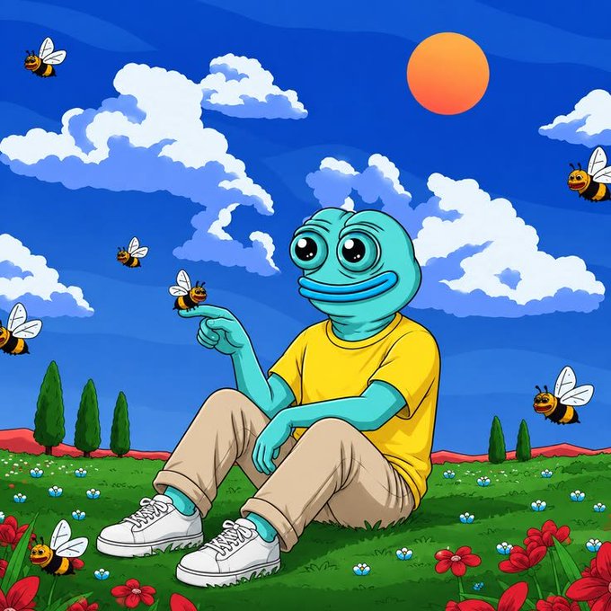A cheerful cyan cartoon frog in a yellow shirt sits peacefully in a sunny meadow surrounded by buzzing bees and blooming flowers, embodying calm optimism despite skepticism. The image pairs with the "good morning" crypto post by symbolizing patience and quiet confidence—the frog remains content even as the bees (representing naysayers or market buzz) swarm around it.