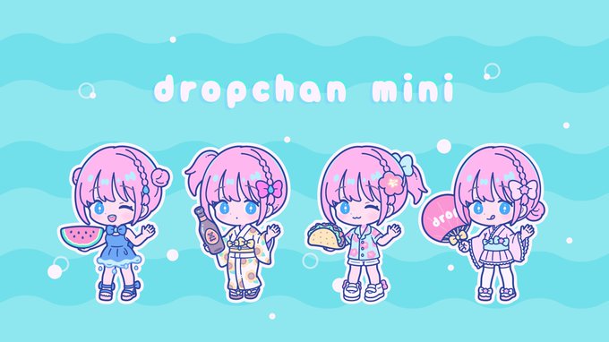 A pastel-colored 'dropchan mini' illustration featuring four chibi-style pink-haired anime girls in various outfits holding watermelon, wine, taco, and a fan against a teal wavy background.