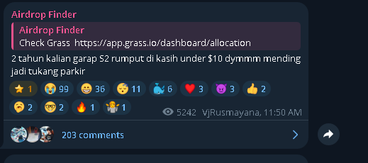 The image shows a Discord post from "Airdrop Finder" highlighting Grass Season 2 allocations, featuring reaction emojis with counts (99⭐, 36😆, 11😎, 6💧, 3❤️, 3⏰, 2👍, 2😭, 2🤔, 1🔥, 1👥) and mentioning that a $2 allocation over 2 years is not worth tukang parkir status, with 203 comments from 5,242 viewers. The post relates to the accompanying message by directing users to check their Grass Season 2 allocation as part of concerns about Season 2 potentially being less rewarding than Season 1.