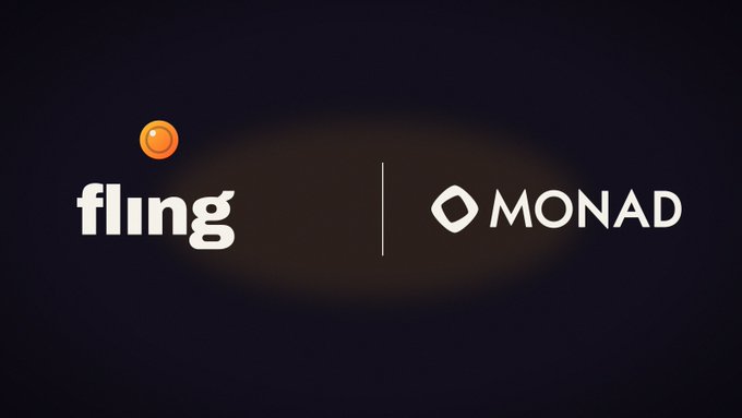 Promotional banner featuring the logos of 'fling' and 'MONAD' side by side on a dark background, suggesting a partnership or collaboration announcement.